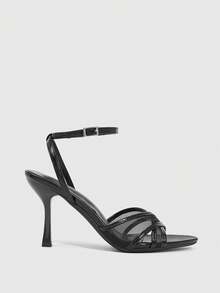 CUCCOO SZL 女士鞋履 春夏新款 圆头细高跟黑色网纱交叉绑带踝带高跟凉鞋 时尚舒适 百搭性感派对女凉鞋 - 黑色 - 查看 4