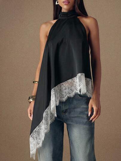 SHEIN BAE Damtopp med spetsmönster och asymmetrisk fåll, avslappnad och mångsidig, dejt- och utflyktstopp