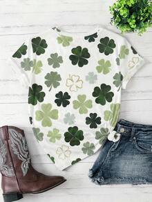 EMERY ROSE 圣帕特里克节四叶草图案印花女式圆领短袖休闲T恤 – 节日派对、春季、春假、夏季 - 彩色 - 查看 9