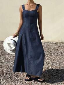 DAZY Vestido de mezclilla para mujer con tirantes anchos y cintura ceñida - Azul - Ver 3