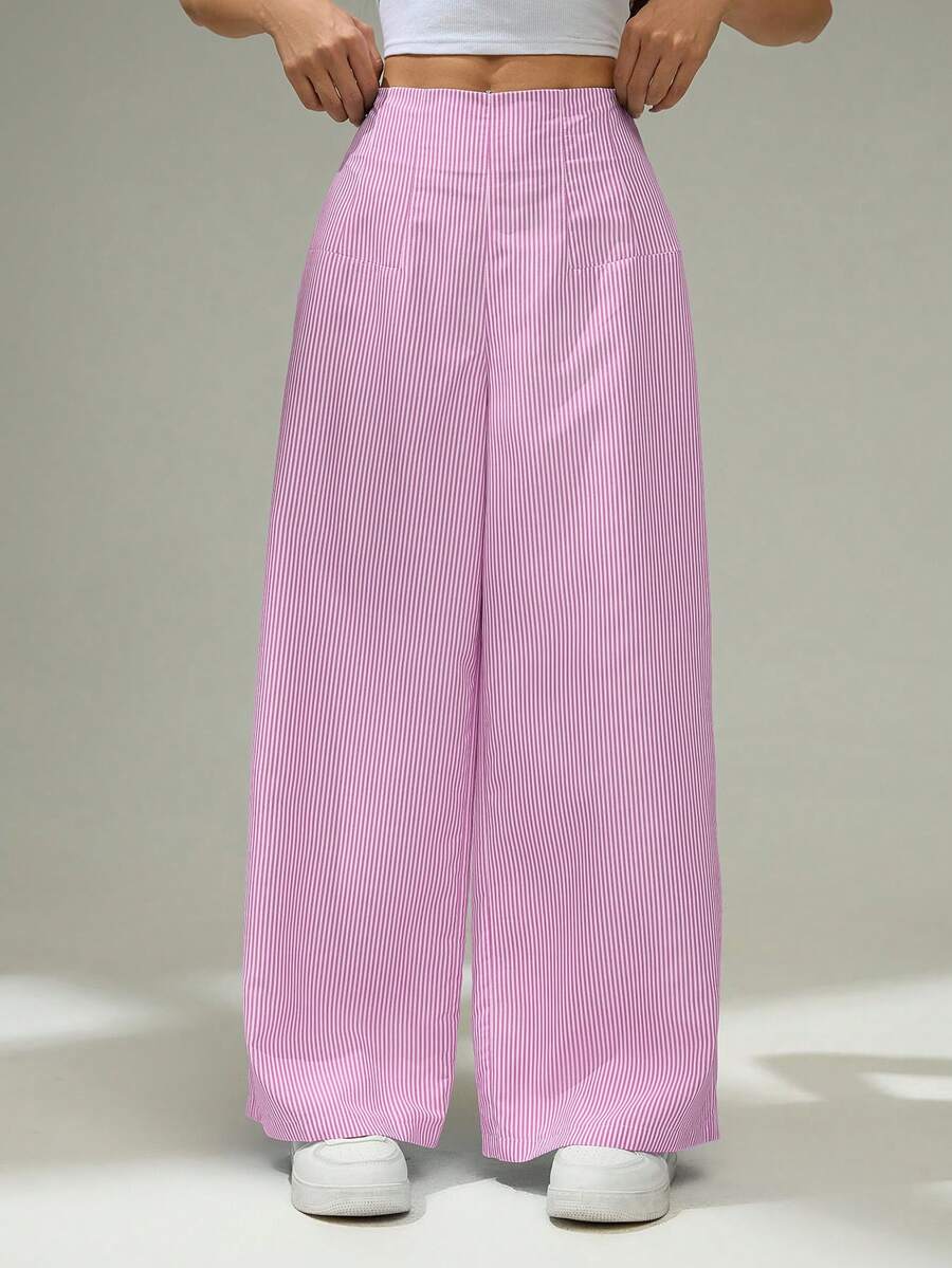 SHEIN PETITE 女士优雅休闲简约通勤办公日常度假高腰阔腿直筒蓝白条纹裤 - 粉色 - 查看 1