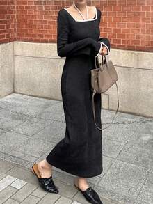 FRIFUL Women's Square Neck Criss-Cross Strap Patchwork Textured Dress Sundress - Black - View 2