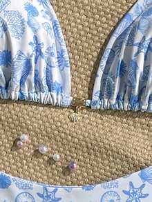 Swim Mod Plus Size Women's Shell Print Sweet Beach Vacation Bikini Set - Blue - View 5