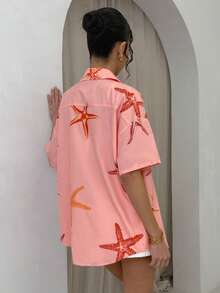 Glamine Camisa de mujer de manga corta con estampado de estrella de mar para primavera y verano, camisa casual de vacaciones con estampado de estrella de mar de manga corta, blusa rosa con botones, vacaciones, playa, verano, estilo casual de una sola hilera, versátil y retro para uso diario - Multicolor - Ver 6