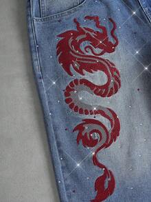 ROMWE MEN Street Life Men's Dragon Pattern Rhinestone Embellished Denim Shorts - Blue - View 6