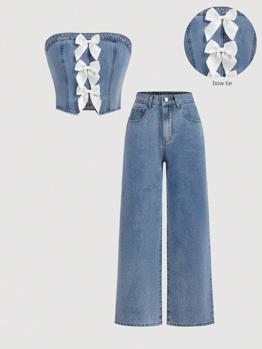 SHEIN MOD 女士休闲牛仔套装，包括抹胸上衣和阔腿裤 - 藍色 - 查看 1