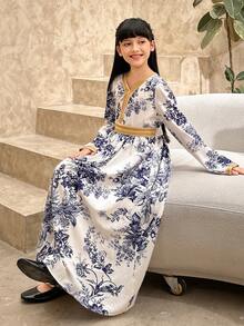 DAZY 少女极简印花长袖连衣裙 - 藍色 - 查看 8