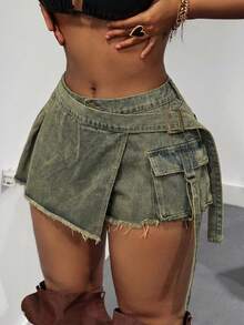 Slaydiva Váy quần jean denim dáng cargo cổ điển, gấu quần rách, cỡ lớn, thích hợp cho mùa hè. - Màu xanh lam - Xem 1