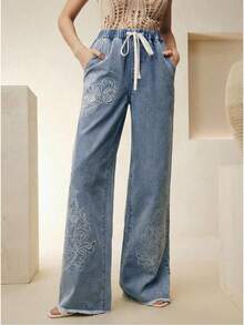 Anewsta Jeans rectos con bordado azul de estilo callejero para mujer - Azul - Ver 2