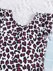 SHEIN Baby Girls Ruffled Sleeve Leopard Print One-Piece Swimsuit, Summer - Multicolor - View 8