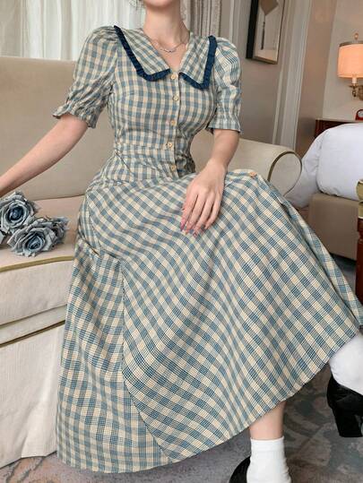 DAZY 女士优雅撞色印花荷叶边花瓣袖中长连衣裙，夏季婚礼宾客礼服