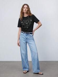 Maija Women's Casual Rhinestone Flower Graphic Round Neck Short Sleeve T-Shirt, Summer - Black - View 7