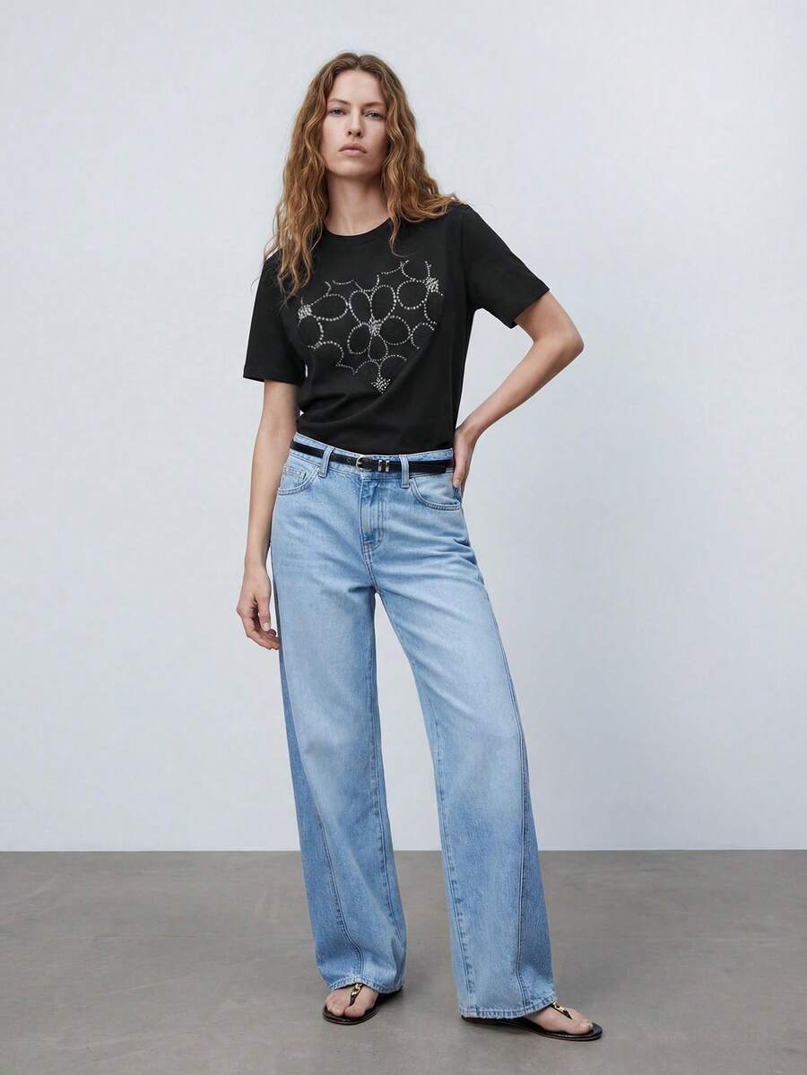 Maija Women's Casual Rhinestone Flower Graphic Round Neck Short Sleeve T-Shirt, Summer - Black - View 1