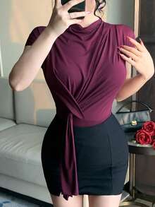 DAZY Women's Elegant Solid Color Asymmetric Drape Neck Tie T-Shirt, Summer - Purple - View 6
