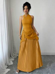 Elenzga Đầm trễ vai xếp ly thanh lịch, kiểu dáng nghỉ dưỡng. - Màu vàng - Xem 4
