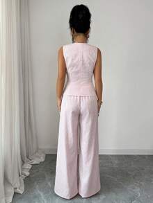 Elenzga Women's Pink Round Neck Sleeveless Pleated Split Asymmetrical Hem Camisole & High Waist Wide Leg Pants Set, Elastic Cinched Waist Design, Fashionable, Elegant, Youthful - Pink - View 2