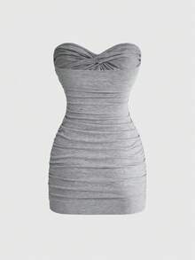 ROMWE Y2K Áo croptop họa tiết hoa màu xám, đầm mini ôm sát gợi cảm dành cho nữ. - Xám - Xem 2