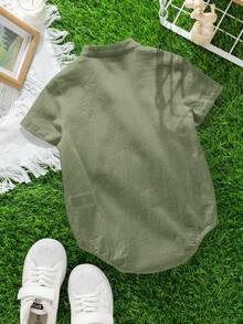 SHEIN 男女宝宝休闲日常穿着立领按扣连体衣，适合春夏室内/室外穿着 - 綠色 - 查看 2