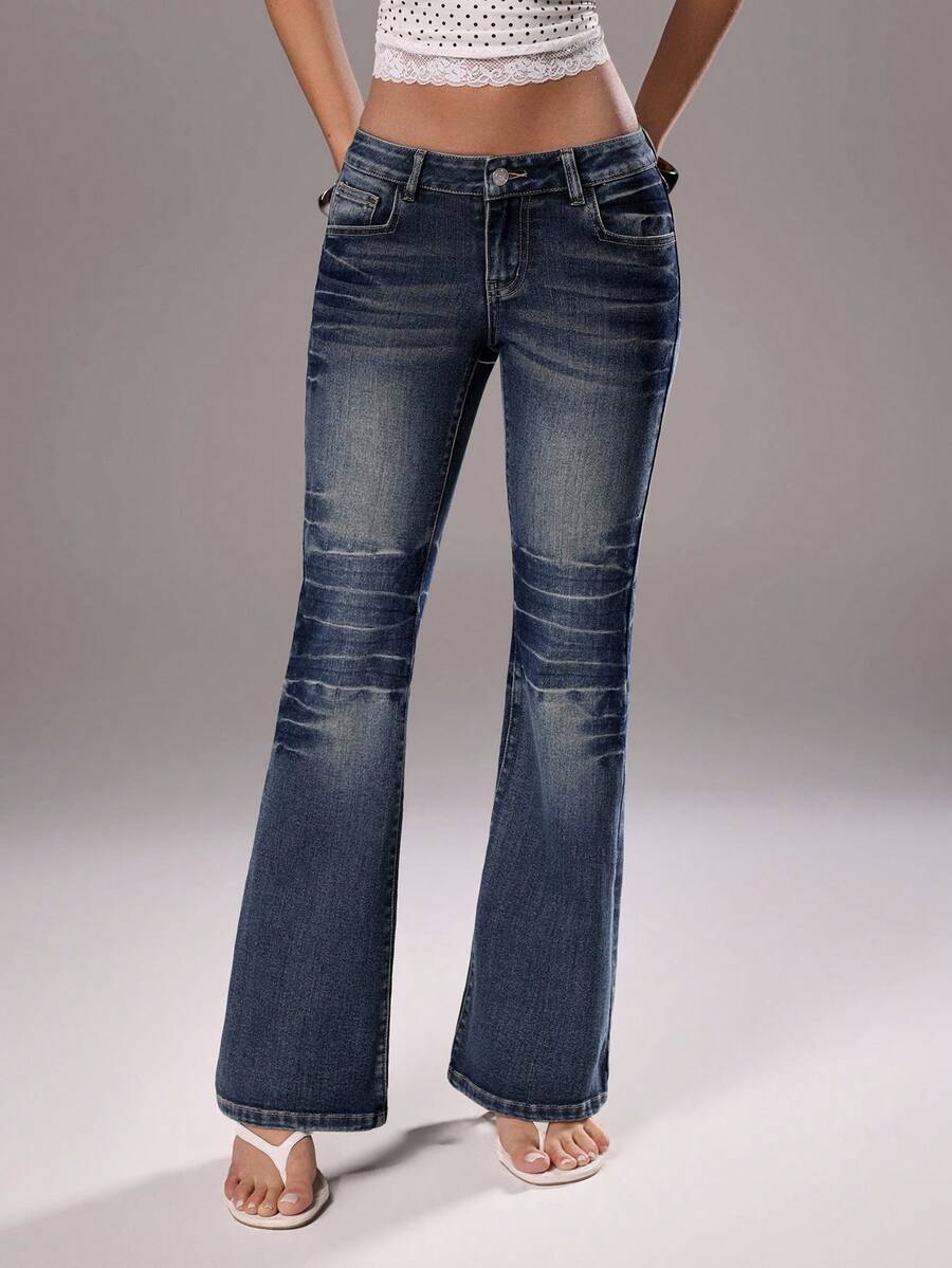 TRNVIE 女士口袋纽扣休闲百搭日常喇叭牛仔裤 - 藍色 - 查看 1