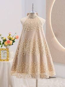 优雅奢华少女连衣裙，可爱公主裙，杏色立领，精致刺绣花卉装饰，无袖A字廓形，华丽公主裙 - 彩色 - 查看 3