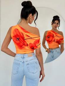 Firerie Elegant Women's Orange Floral Asymmetric One Shoulder Short Sleeve Cropped T-Shirt,Boho Summer Top For Beach Vacation,Holiday,Afternoon Tea Crop Top - Multicolor - View 6