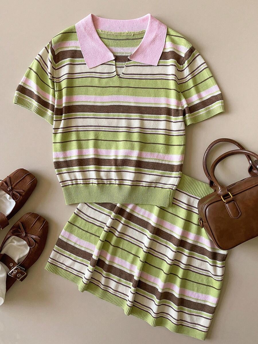 Muvela Spring/Summer New College Style Women Polo Collar Striped Short Sleeve Knit Top And Mini Skirt 2 Pieces Set - Green - View 1