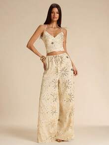 SHEIN BAE 老钱风格女士亮片休闲弹力腰亮片高腰阔腿裤 - 杏色 - 查看 5