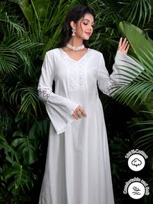SHEIN Najma Spring/Summer Fashion Casual White Cotton Blend Embroidered Lace Trim Flare Sleeve Robe Jalabiya - White - View 8