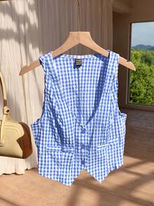 Comfortcana 女士蓝色格子单排扣露脐背心，适合休闲场合和情人节穿着 - 藍色 - 查看 5