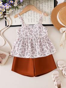 SHEIN Vintaside Kids 女童卡其色复古印花吊带背心和短裤套装，舒适夏季外出时尚装扮 - 卡其色 - 查看 4