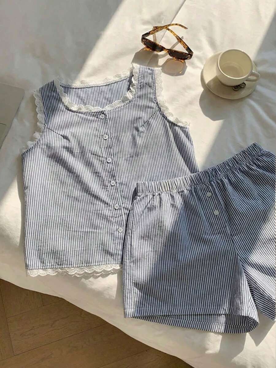 Flirla 大码女童条纹蕾丝边吊带背心和短裤两件套,夏季家居服 - 彩色 - 查看 1