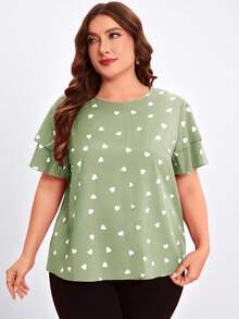 Reflora Plus Size Round Neck Short Sleeve Ruffle Hem Heart Print Loose Blouse, Summer - Mint Green - View 5