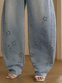 Anewsta Quần jeans ống loe màu xanh dương thời trang nữ, thêu họa tiết rỗng, lãng mạn, thích hợp cho tiệc tùng, du lịch, mùa xuân/hè. - Màu xanh lam - Xem 4