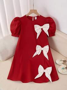 SHEIN Đầm chữ A tay phồng, màu trơn, phối nơ, kiểu dáng thanh lịch, thoải mái cho bé gái tuổi teen, thích hợp mặc hàng ngày, đi học, màu đen, đầm có nơ. - Đỏ và trắng - Xem 3