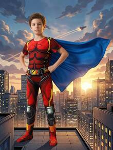 Young BoyCasual Short Sleeve Cartoon Character Print Zipper Back Jumpsuit With Contrast Cape, Spring/Summer - Red - View 1