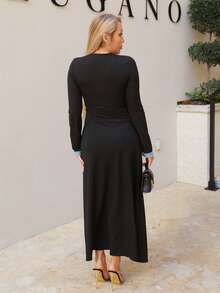 Cioccolato 女士优雅V领拼布连衣裙 - 彩色 - 查看 2