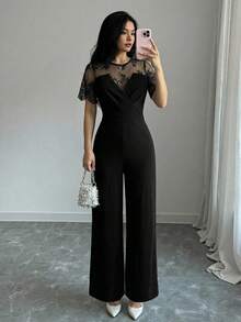 SHEIN Clasi Women's Round Neck Lace Patchwork Elegant Casual Jumpsuit - Black - View 3