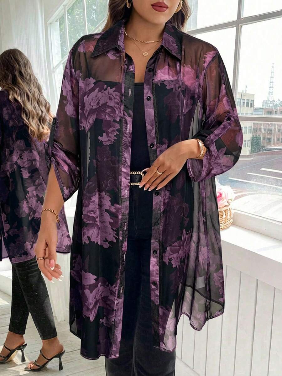 Reflora 大码全印花宽松前开襟纽扣优雅百搭薄纱长衬衫 - 紫色 - 查看 1