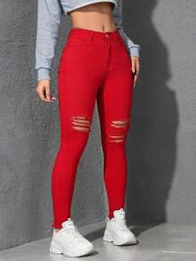 Flexra Casual Solid Color Distressed Slim Fit Denim Jeans - Red - View 6