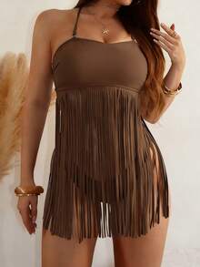 SHEIN Swim 两件套比基尼，吊带泳衣 - 棕色 - 查看 1