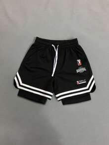 Sport MetroGents 1条男士字母印花抽绳腰带撞色条纹带二合一运动短裤 - 黑色 - 查看 4