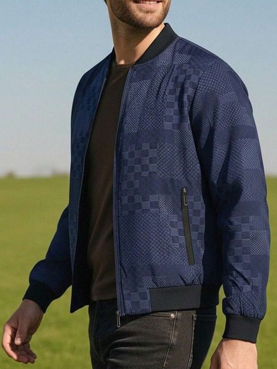 Manfinity Homme Men's Casual Commuting Patchwork Print Zip-Up Baseball Jacket - Multicolor - View 1