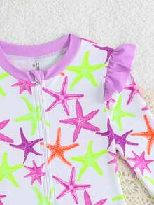 Baby Girls Star Print Swimwear,Long Sleeve Rash Guard Suit With Sun Hat,2pcs Neon Cartoon Starfish One Piece Swimsuit For Summer,Holiday,Beach Wear - Multicolor - View 3