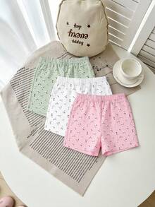 SHEIN Playful Pals 3件組女嬰粉色碎花短褲套裝，可愛夏季度假風，清新綠、純白、柔粉，彈性腰頭，柔軟面料 - 彩色 - 查看 2