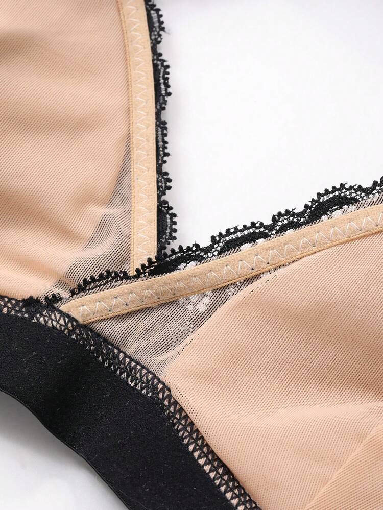 Lace Patchwork Adjustable Spaghetti Strap Lightly Padded Bra, Suitable For Summer & Spring Lingerie For Women