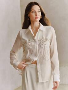 Anewsta Women's Elegant Fashion Mesh Patchwork Embroidered Pearl Blouse Sheer Shirt Elegant Blouses - White - View 1