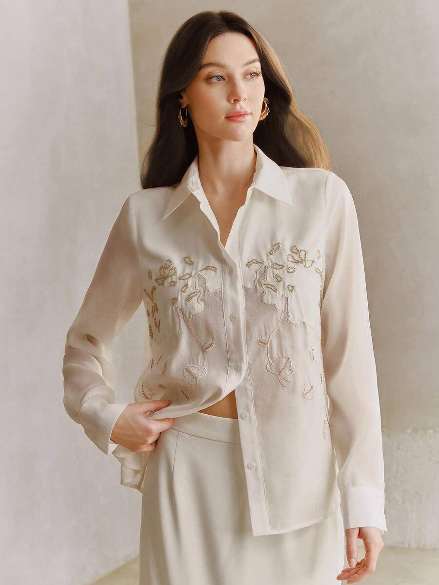 Anewsta Women's Elegant Fashion Mesh Patchwork Embroidered Pearl Blouse Sheer Shirt Elegant Blouses - White - View 1