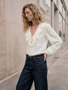 Maija Women's Off White Elegant Autumn V-Neck Long Sleeve Ruffle Tie Loose Casual Shirt Western Blouse,Brunch Vacation Beach Summer Holiday Outfits - Apricot - View 1