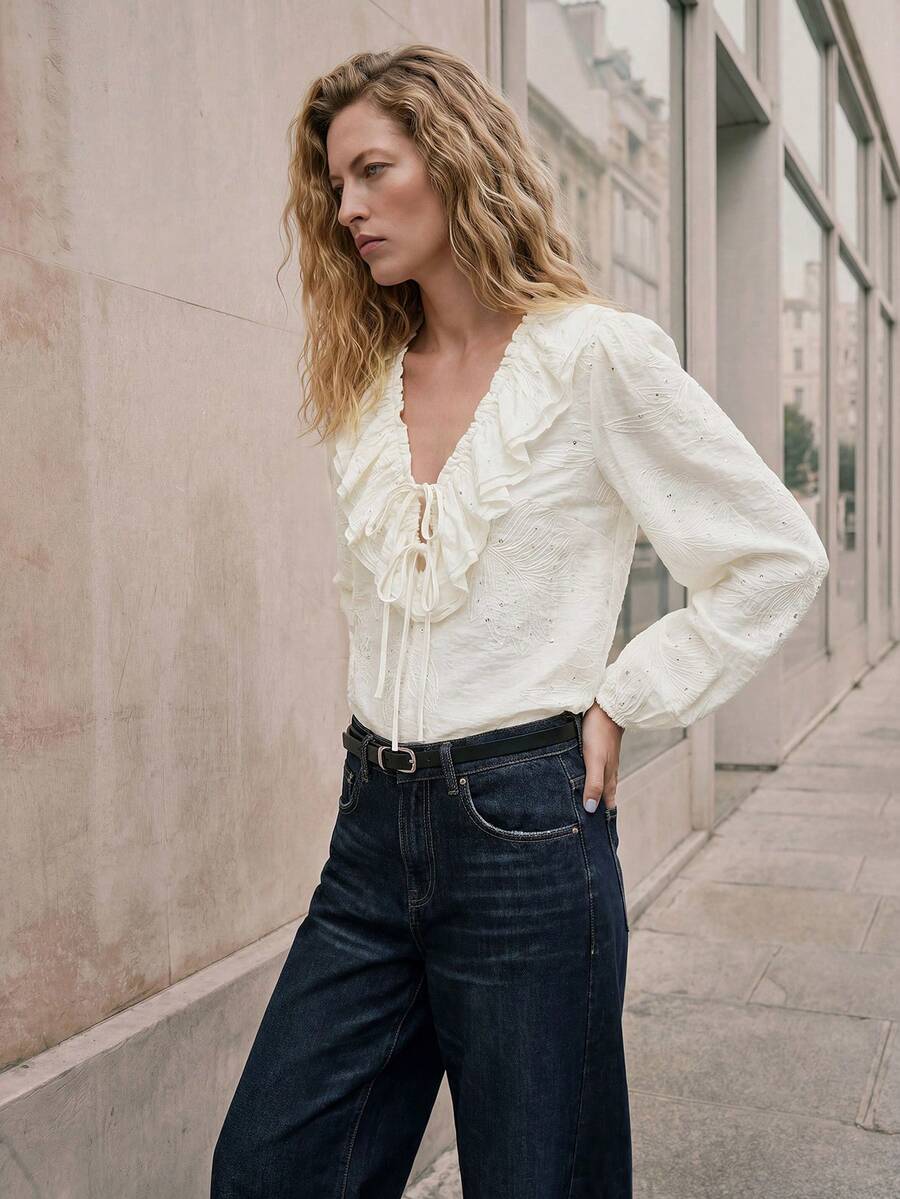 Maija Women's Off White Elegant Autumn V-Neck Long Sleeve Ruffle Tie Loose Casual Shirt Western Blouse,Brunch Vacation Beach Summer Holiday Outfits - Apricot - View 1