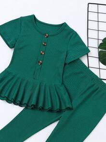 SHEIN Elladie kids Joven Chica - Sudadera De Manga Corta Con Ribete De Punto Acanalado, Botones Falsos Y Pantalones Acampanados - Verde Oscuro - Ver 4